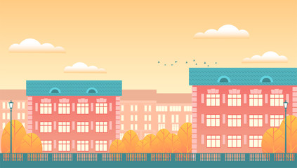 Background of the autumn city. Residential buildings, yellow trees, patterned fencing, clouds in the sky. Vector flat illustration in the form of a banner.