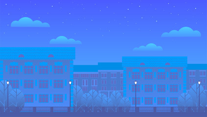 Night sleeping city for the background in the form of a banner. Residential buildings, trees, street lamps, clouds and starry sky. The light in the windows is off. Flat vector illustration.
