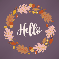 Autumn wreath with oak leaves, acorns and berries. Scandinavian style