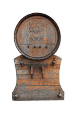 Old wooden barrel with a stand, isolated on a white background