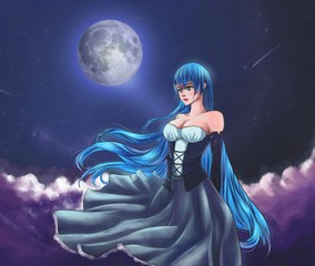 Anime girl on night sky
