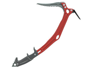 3D render of red climbing ice axe isolated on white.