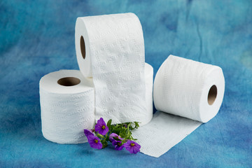 rolls of soft toilet paper on a luxurious aqua marine blue cloth background