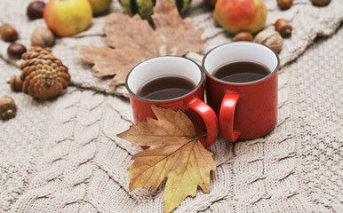 Autumn flat lay background. Pumpkins, apples, nuts,leaves, cups and sweater on wooden background.