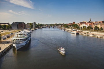 Left bank of the Oder river in Szczecin with the maritime museum and the Chrobry embankment,...