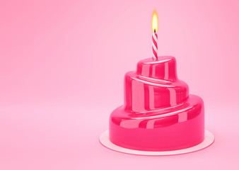 Vibrant pink glazed cake with one candle