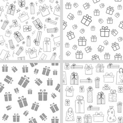 Vector set of seamless patterns with gift boxes. Hand drawn, lineart present boxes. Monochrome backgrounds for Christmas, birthday design