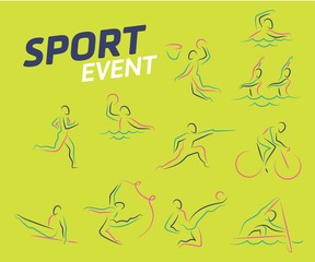 Summer sports icon set  isolated silhouettes of athletes Different kinds of gymnastics, Vector layout design template for sport event. Sport flyer design banner poster. 