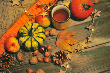 Autumn flat lay background. Pumpkins, apples, nuts,leaves, cups and sweater on wooden background.