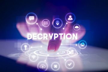 Finger touching tablet with web technology icons and DECRYPTION inscription, web technology concept