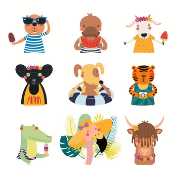 Big set with cute animals doing summer activities. Isolated objects on white background. Hand drawn vector illustration. Scandinavian style flat design. Concept for children print. Cartoon characters.