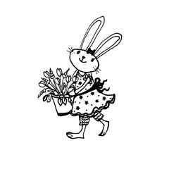 Illustrazione per bambini, coniglietta che porta un vaso di fiori, isolata su sfondo banco