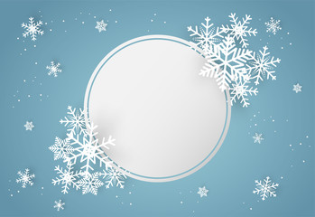 Christmas and happy new year blue vector background with snowflake, celebration concept, paper art design