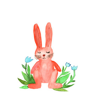 Watercolor rabbit. Funny character. Bunny with closed eyes. Design element for cards, scrapbook, sticker, Easter projects.