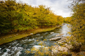 Otoño en un pequeño río en el Valle de Punilla, Latinoamérica
