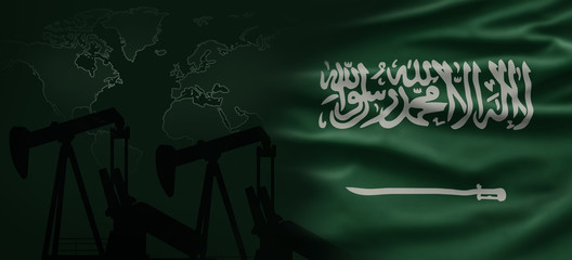 Global Oil Export. Saudian Flag with world map and oil pump station in the background. Partnership and conflicts.