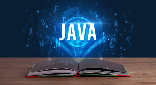 JAVA inscription coming out from an open book, digital technology concept