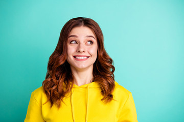 Close up photo of cheerful charming wavy cute nice lovely girl rejoicing with sales started smiling...