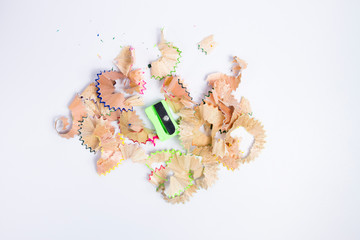 color pencils shavings on white background