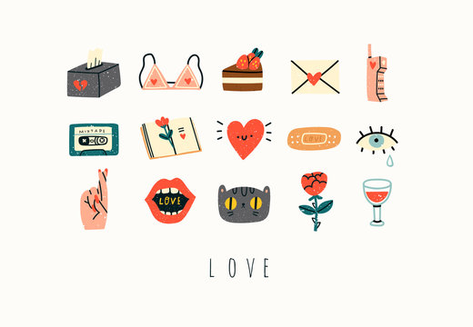Various love, romance, affair, relationship theme icons and logos. Cute hand drawn trendy vector illustrations. Cartoon style. Flat design. Naive art. All elements are isolated