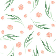  Watercolor pattern with pink and orange roses, leaves and twigs. Wreaths, frames and bouquets of roses, twigs. Ideal for invitations and greeting cards.