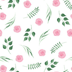  Watercolor pattern with pink and orange roses, leaves and twigs. Wreaths, frames and bouquets of roses, twigs. Ideal for invitations and greeting cards.