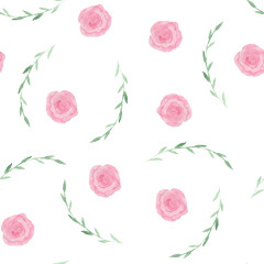  Watercolor pattern with pink and orange roses, leaves and twigs. Wreaths, frames and bouquets of roses, twigs. Ideal for invitations and greeting cards.