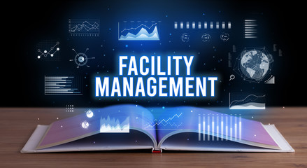 FACILITY MANAGEMENT inscription coming out from an open book, creative business concept