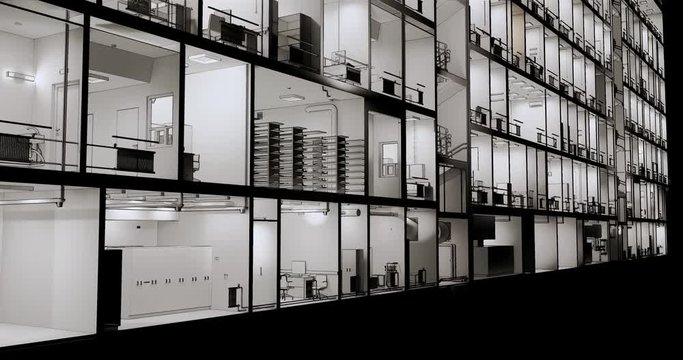 Visualization of the interior room space of building without a front facade wall