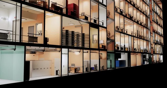 Visualization of the interior room space of medical building without a front facade wall