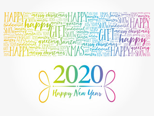 2020 Happy New Year. Christmas background word cloud, holidays lettering collage
