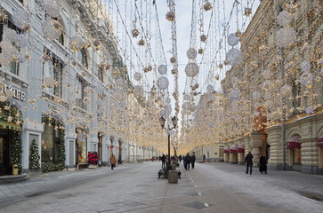 Moscow, Russia - January 9, 2019: Festively decorated Nikolskaya street in the center of Moscow