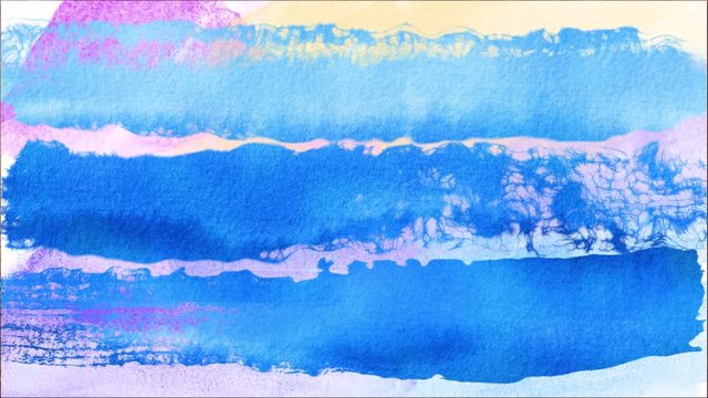 Close up of watercolor paint brush strokes on white background. Animation. Soft pastel color stripes, different purple and blue layers of paint on white sheet of paper.