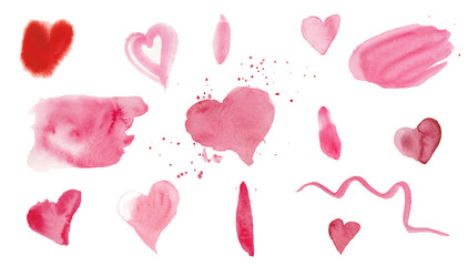 Set of watercolor pink textures. Spots, lines and hearts by St. Valentine's Day. Design for weddings, cards, textiles, packaging and backgrounds.