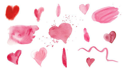 Set of watercolor pink textures. Spots, lines and hearts by St. Valentine's Day. Design for weddings, cards, textiles, packaging and backgrounds.