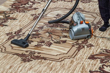Woman vacuums carpet palace