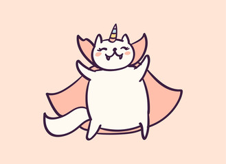 Cute cartoon character cat unicorn dressed as vampire for Halloween, funny vector illustration. T-shirt print graphic art.