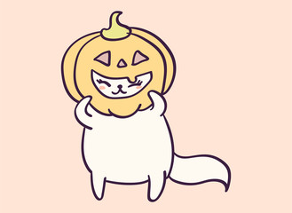 Cute cartoon character cat dressed as pumpkin for Halloween, funny vector illustration. T-shirt print graphic art.