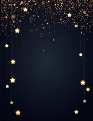 Christmas background design with yellow glowing stars and gold glitter or confetti. Dark backdrop with space for text. Vector flyer or banner template. - 294649971