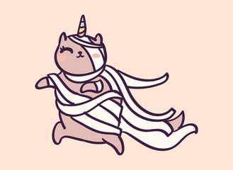 Cute cartoon character cat unicorn dressed as mummy for Halloween, funny vector illustration. T-shirt print graphic art.