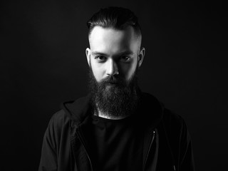 Black and white portrait of Man. Bearded Handsome Boy