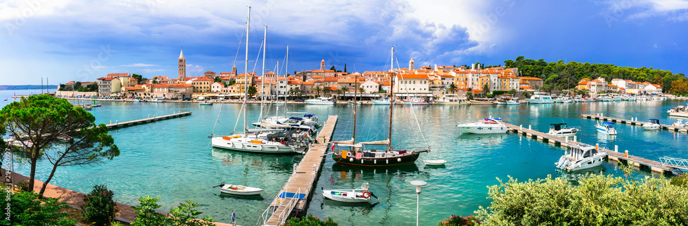 Poster travel in croatia- beautiful island rab. panoramic view of marine and old town