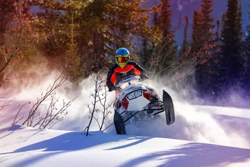 Fotobehang the guy is flying and jumping on a snowmobile on a background of winter forest  leaving a trail of splashes of white snow. bright snowmobile and suit without brands. extra high quality © Wlad Go