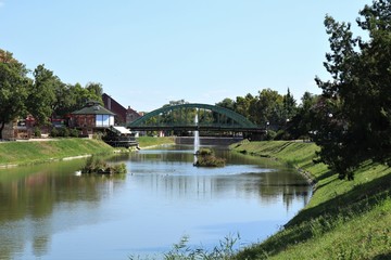 Fototapeta na wymiar City landscape - river, bridge, different buildings, many trees.