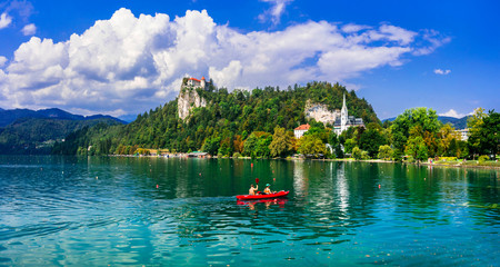 Outdoor activities and canoeing in beautiful lake Bled in Slovenia