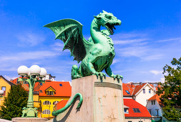 Travel and landmarks of Slovenia - beautiful Ljubljana with famous Dragon's bridge - obrazy, fototapety, plakaty