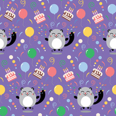 seamless pattern, party cat with balloons and cakes