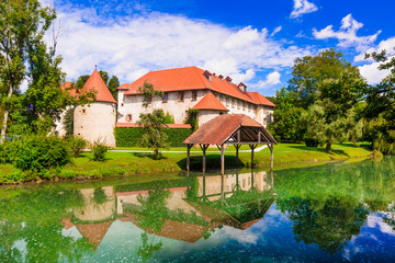 Fototapeta na wymiar Beautiful romantic castle on the island medieval Grad Otocec in Krka river, Slovenia