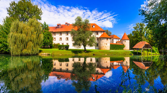 Grad Otocec castle on island with orange roofs and river water reflection in Slovenia. Scenic landscape of medieval fortress landmark and romantic island park 12K panorama Wall art Print.