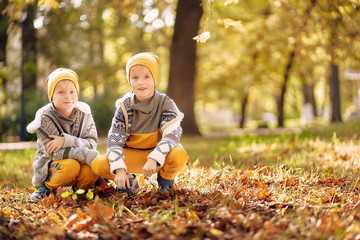 two little boys in identical clothes sit next to an autumn sunny evening in a park with fallen golden foliage.